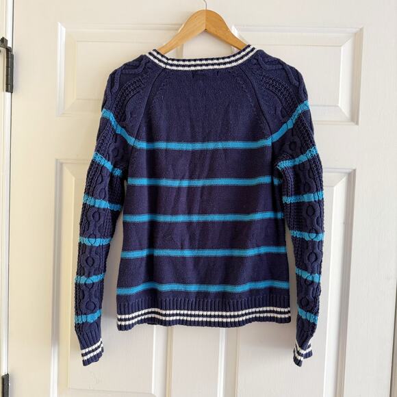 Vintage Liz Claiborne Striped Blue Cable Knit Chunky Sweater Cotton Size Large - Picture 2 of 7